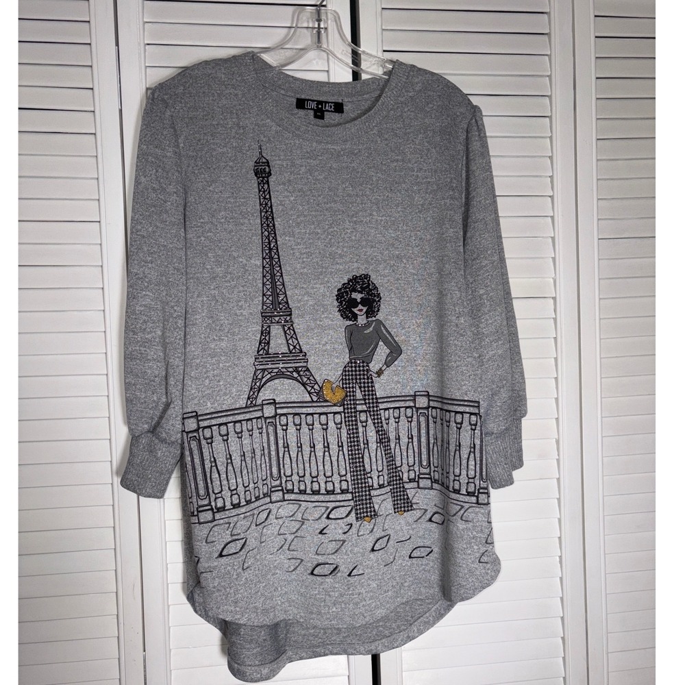 Love + Lace Paris Eiffel Tower Graphic Knit Tunic Top Gray XL 3/4 Sleeve Sweater
